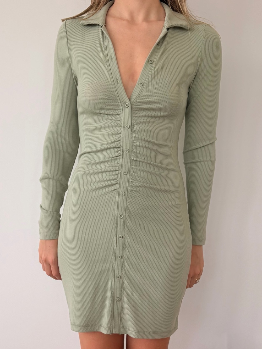 Abercrombie & Fitch Sage Ribbed Button-Front Long Sleeve Dress
